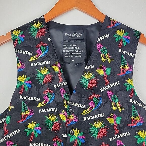 VTG Bacardi Rum Vest Silk Bartender 80's 90's Large Party Loud Waist Coat - Picture 3 of 7
